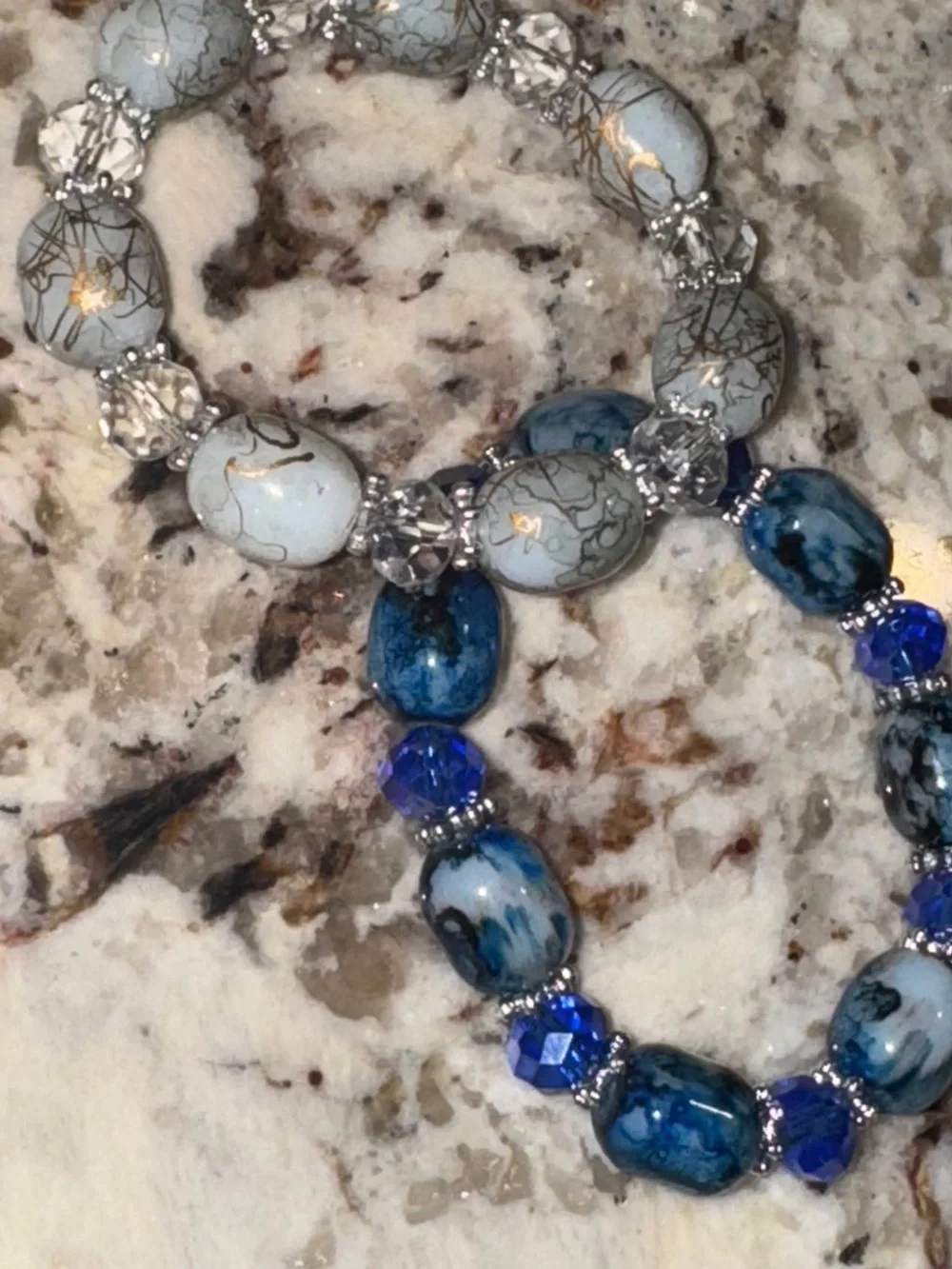 Boho Blue White Gold Veined Glass Beaded Stackable Stretch Bracelets